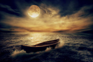 35554143 - boat drifting away from past in middle of ocean after storm without course on moonlight sky night skyline clouds background. conceptual nature landscape screen saver. life saver  future hope concept