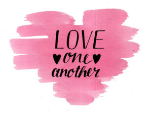 Hand lettering Love one another on watercolor heart. Christian Poster. Biblical background. Declaration of love. Valentine s day. Scripture. Card. Wedding.